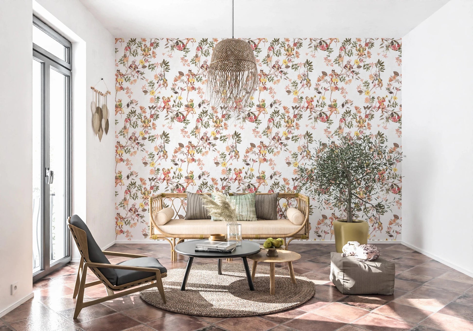 Whimsical Monkeys Playing Music Vintage Exotic Fun Garden white Wallpaper⁠