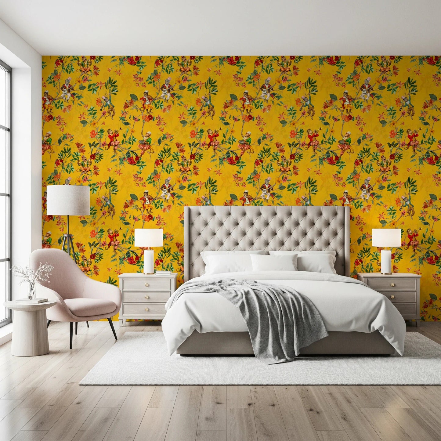 Whimsical Monkeys Playing Music Vintage Exotic Fun Garden yellow Wallpaper⁠