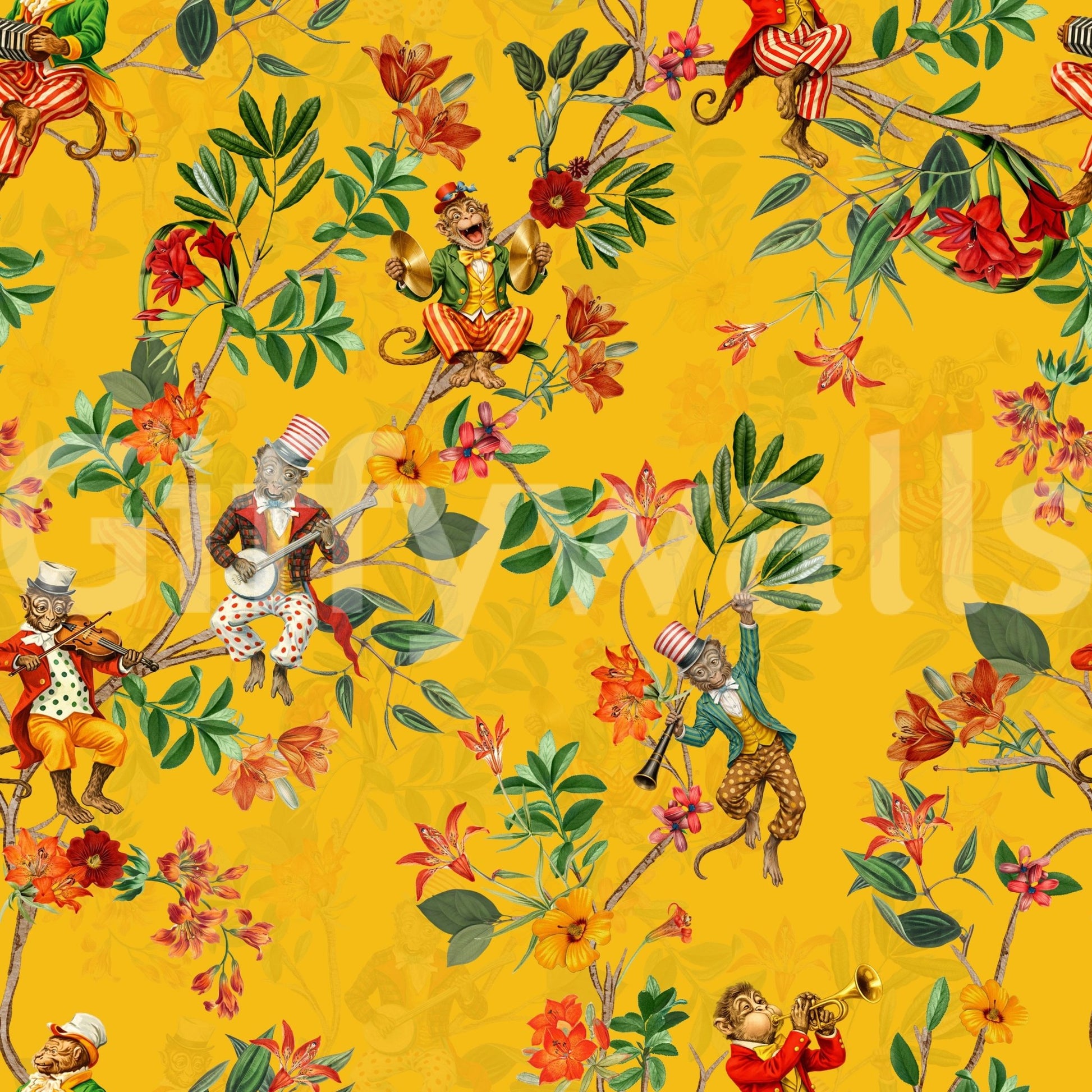 Whimsical Monkeys Playing Music Vintage Exotic Fun Garden yellow Wallpaper⁠