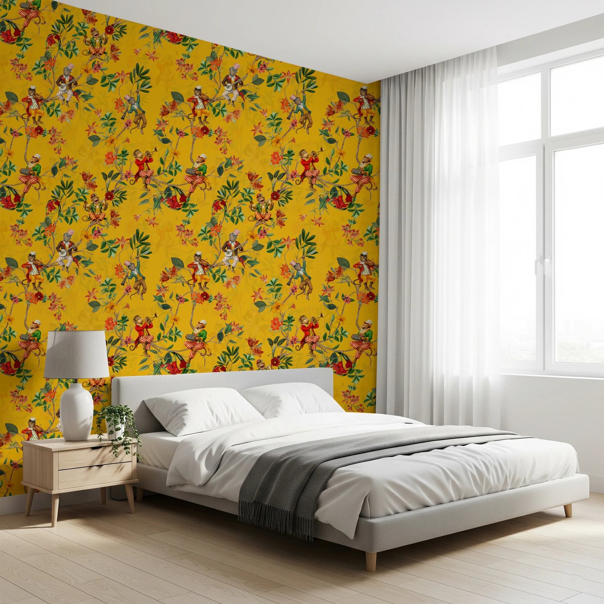 Whimsical Monkeys Playing Music Vintage Exotic Fun Garden yellow Wallpaper⁠