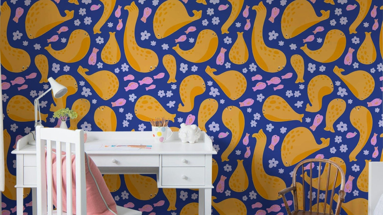 A wallpaper design with a whimsical undersea scene.

