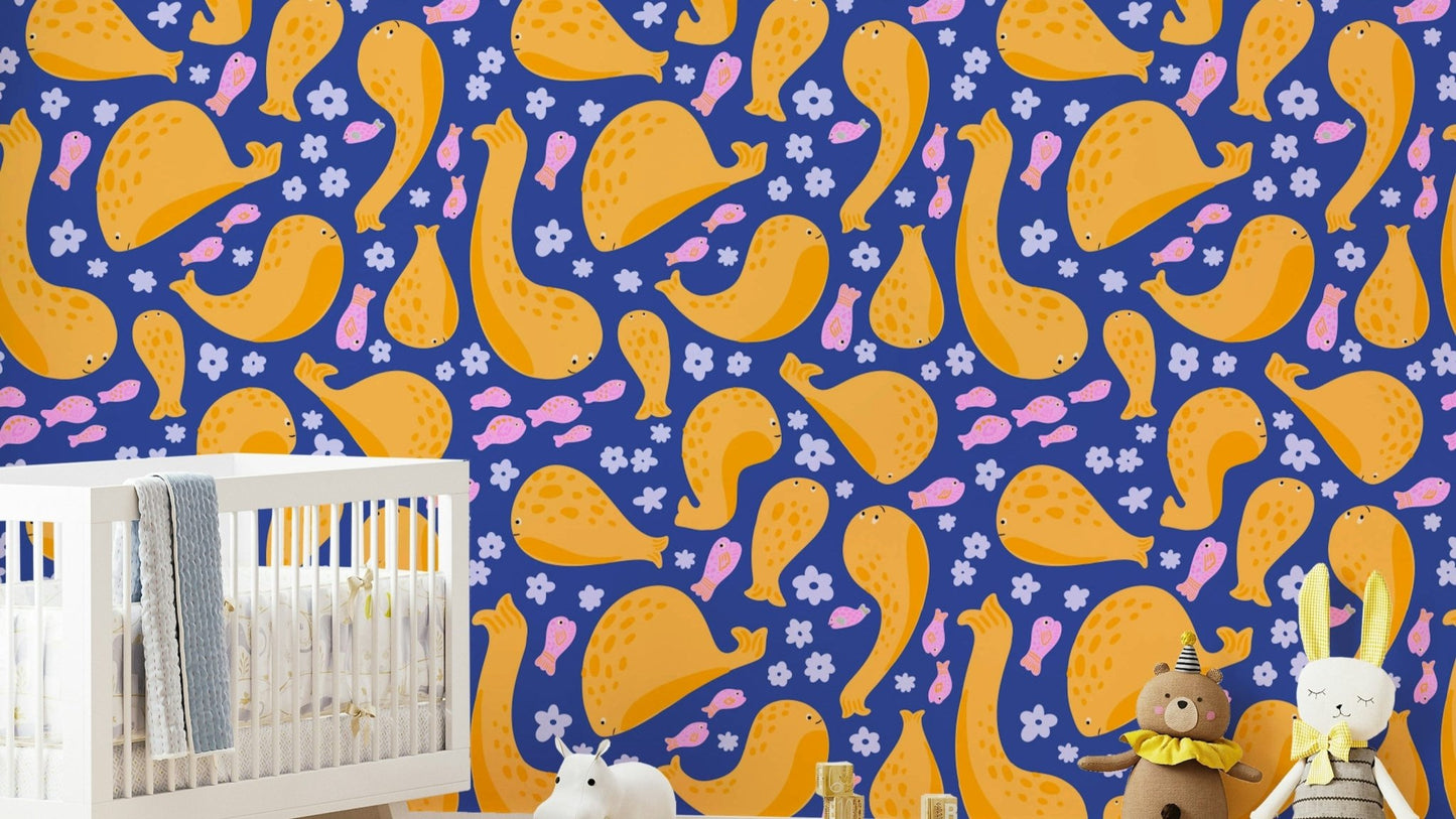 The image shows a pattern of playful sea creatures.

