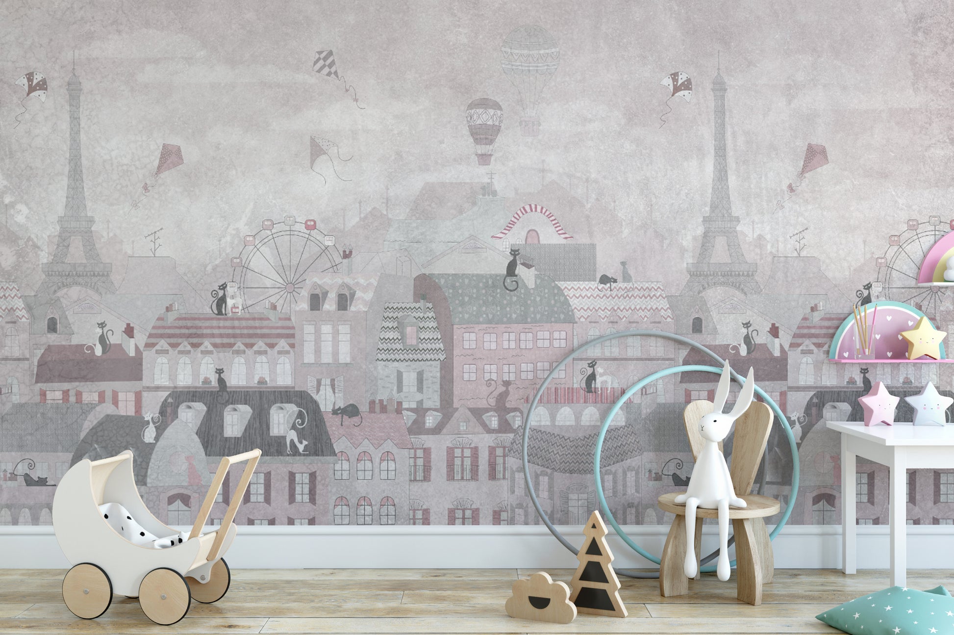 Hot air balloon Paris wallpaper mural
