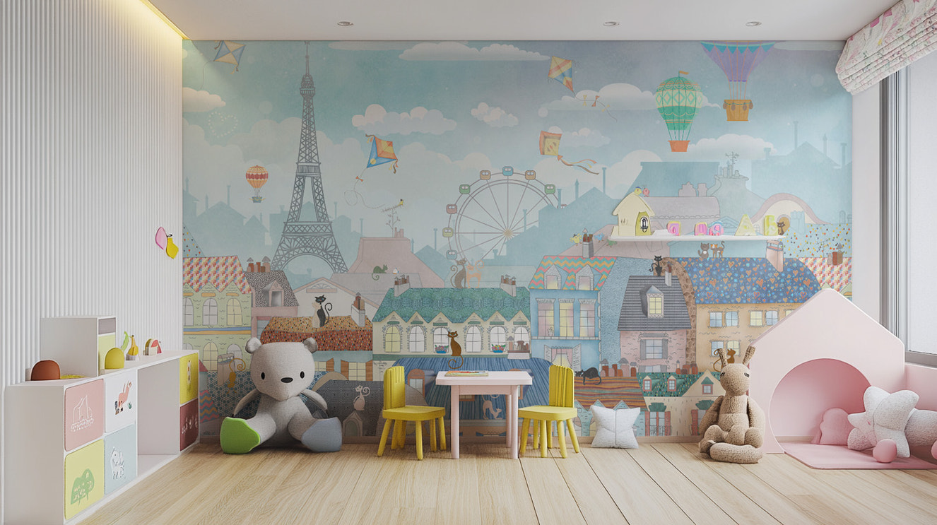 Whimsical Paris cityscape wallpaper with rooftops
