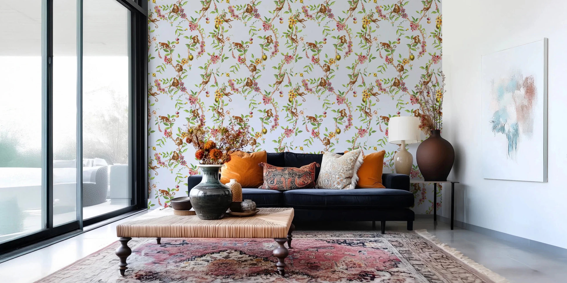 Whimsical Playing Monkeys Family Vintage Exotic Garden blue Wallpaper⁠