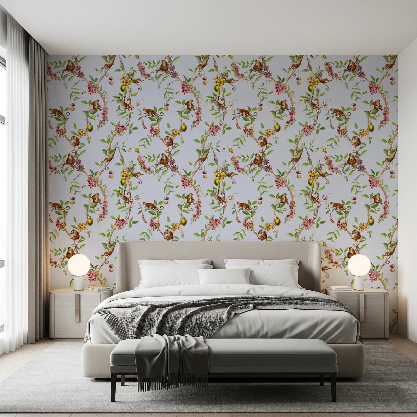 Whimsical Playing Monkeys Family Vintage Exotic Garden blue Wallpaper⁠