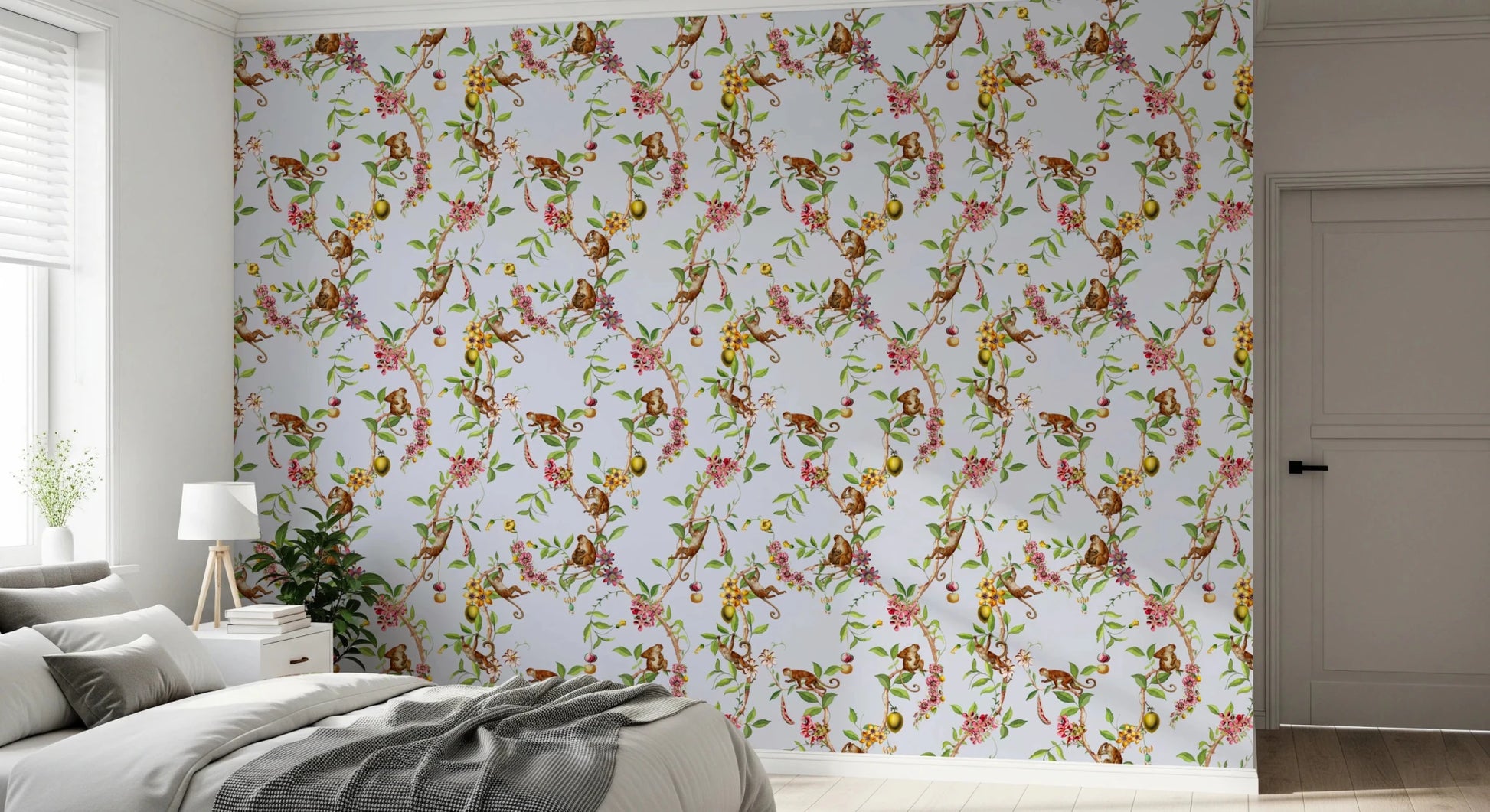 Whimsical Playing Monkeys Family Vintage Exotic Garden blue Wallpaper⁠