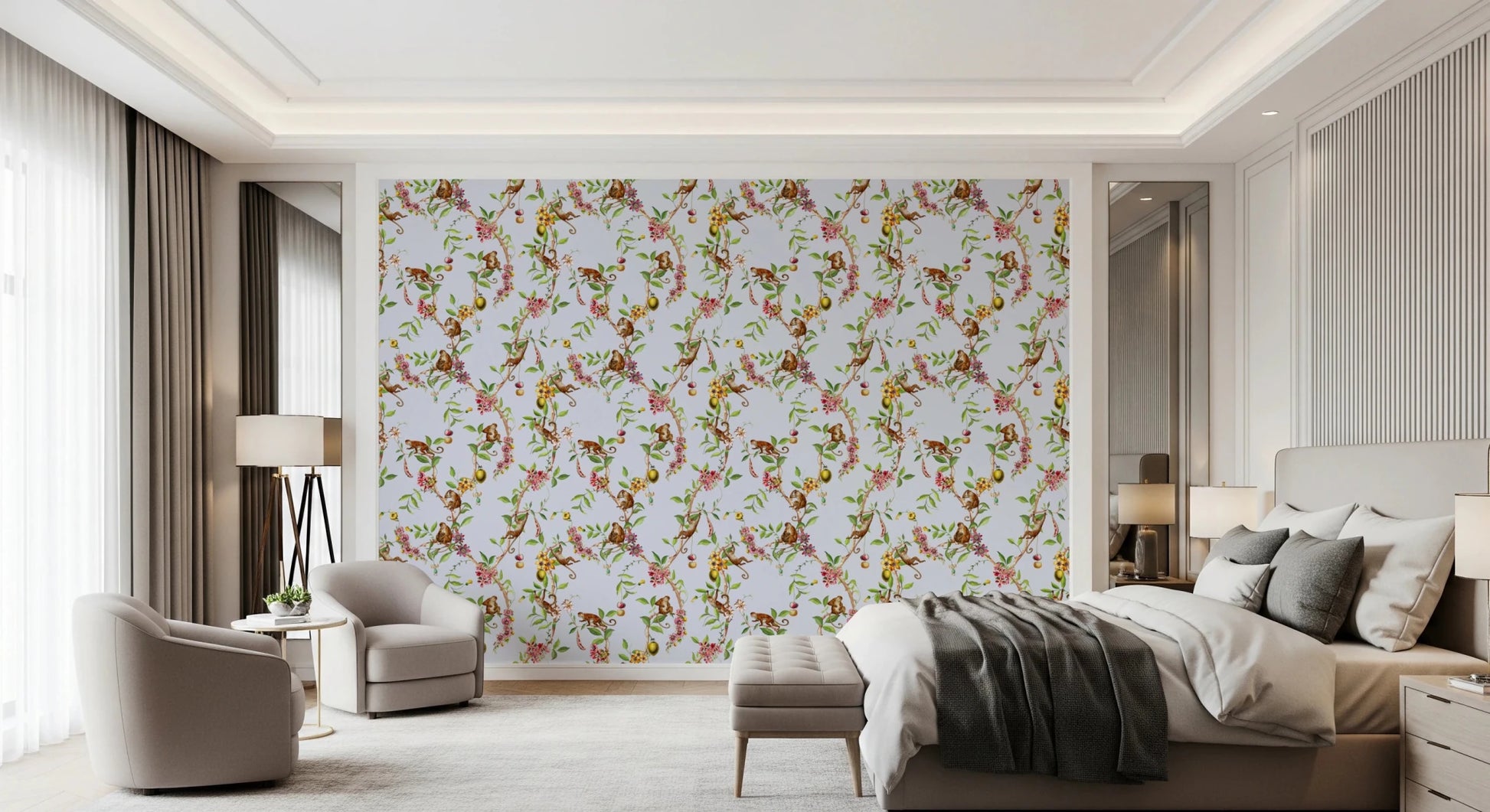 Whimsical Playing Monkeys Family Vintage Exotic Garden blue Wallpaper⁠