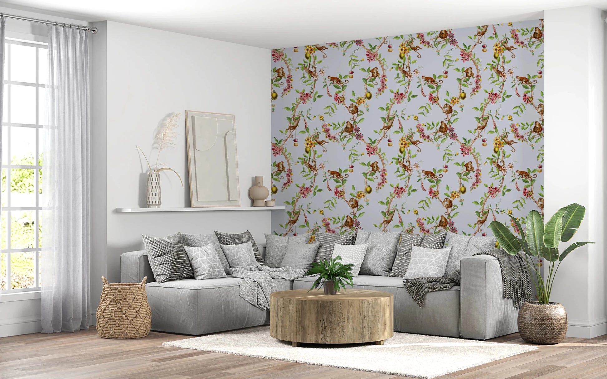 Whimsical Playing Monkeys Family Vintage Exotic Garden blue Wallpaper⁠