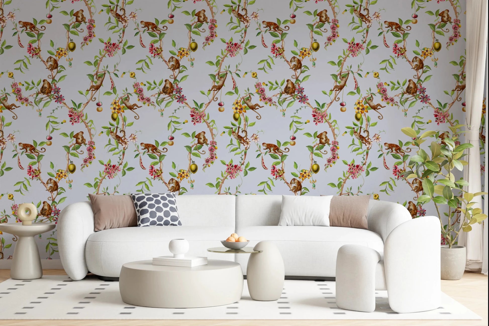 Whimsical Playing Monkeys Family Vintage Exotic Garden blue Wallpaper⁠