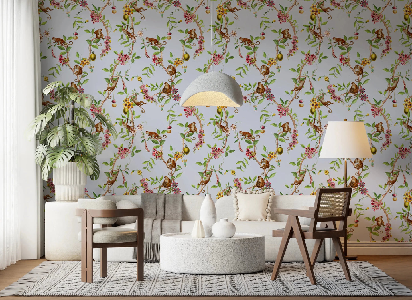 Whimsical Playing Monkeys Family Vintage Exotic Garden blue Wallpaper⁠