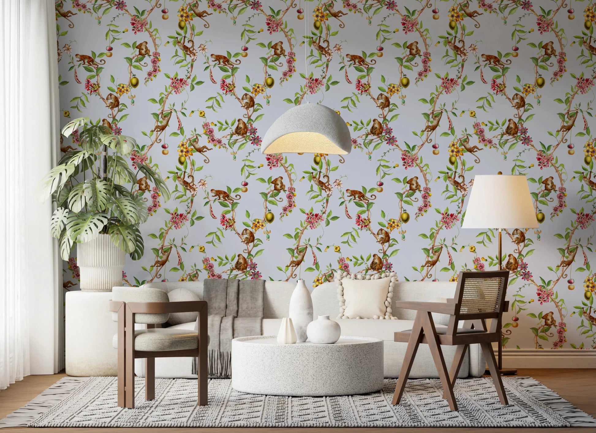 Whimsical Playing Monkeys Family Vintage Exotic Garden blue Wallpaper⁠