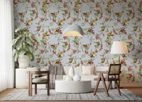 Whimsical Playing Monkeys Family Vintage Exotic Garden blue Wallpaper⁠