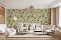 Whimsical Playing Monkeys Family Vintage Exotic Garden green Wallpaper⁠