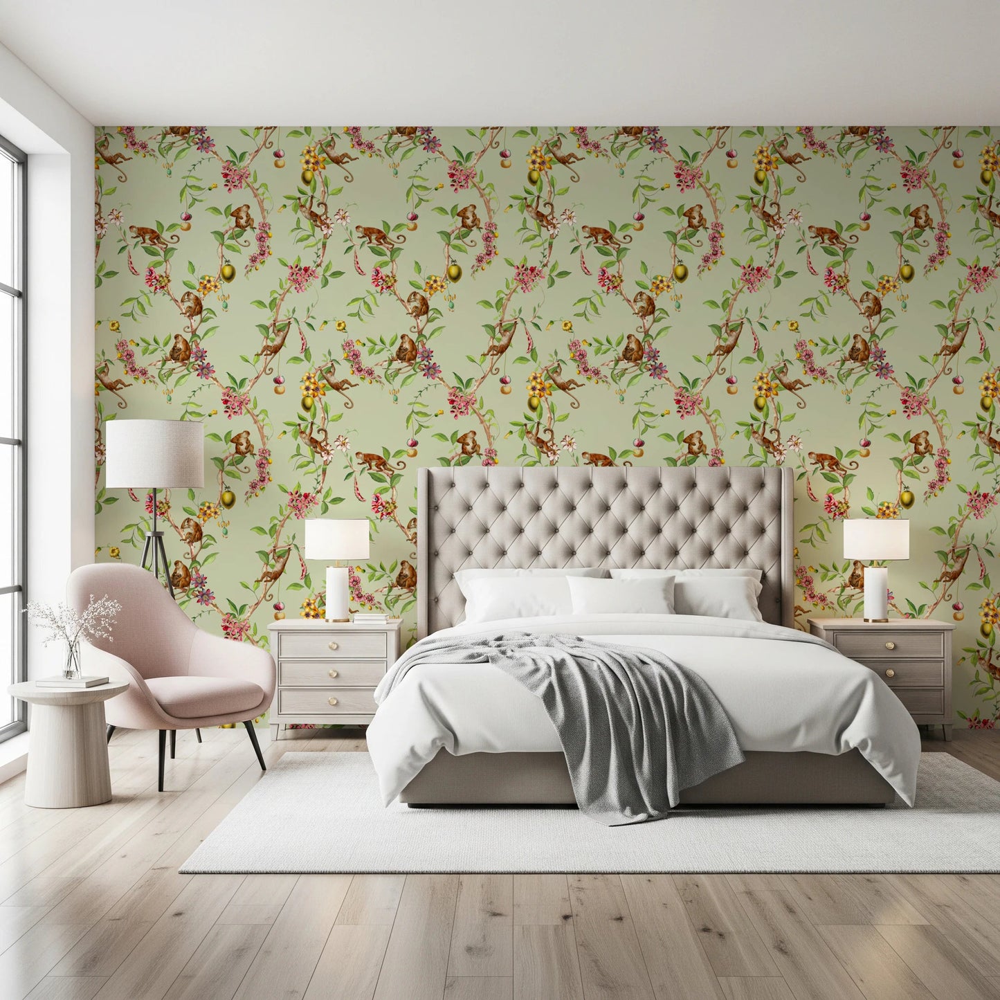 Whimsical Playing Monkeys Family Vintage Exotic Garden green Wallpaper⁠