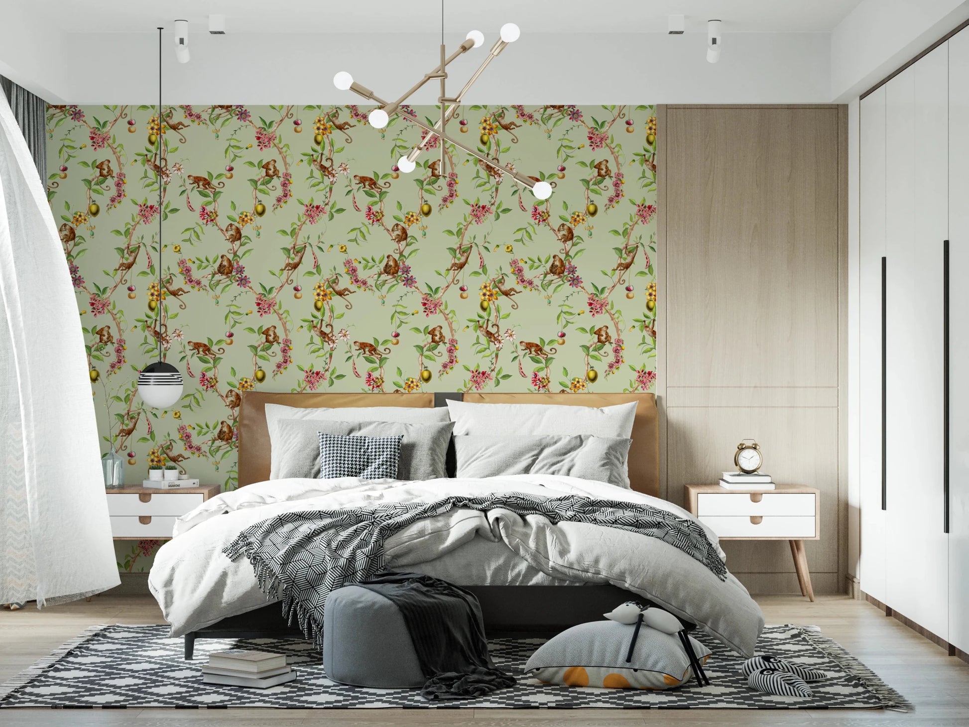 Whimsical Playing Monkeys Family Vintage Exotic Garden green Wallpaper⁠
