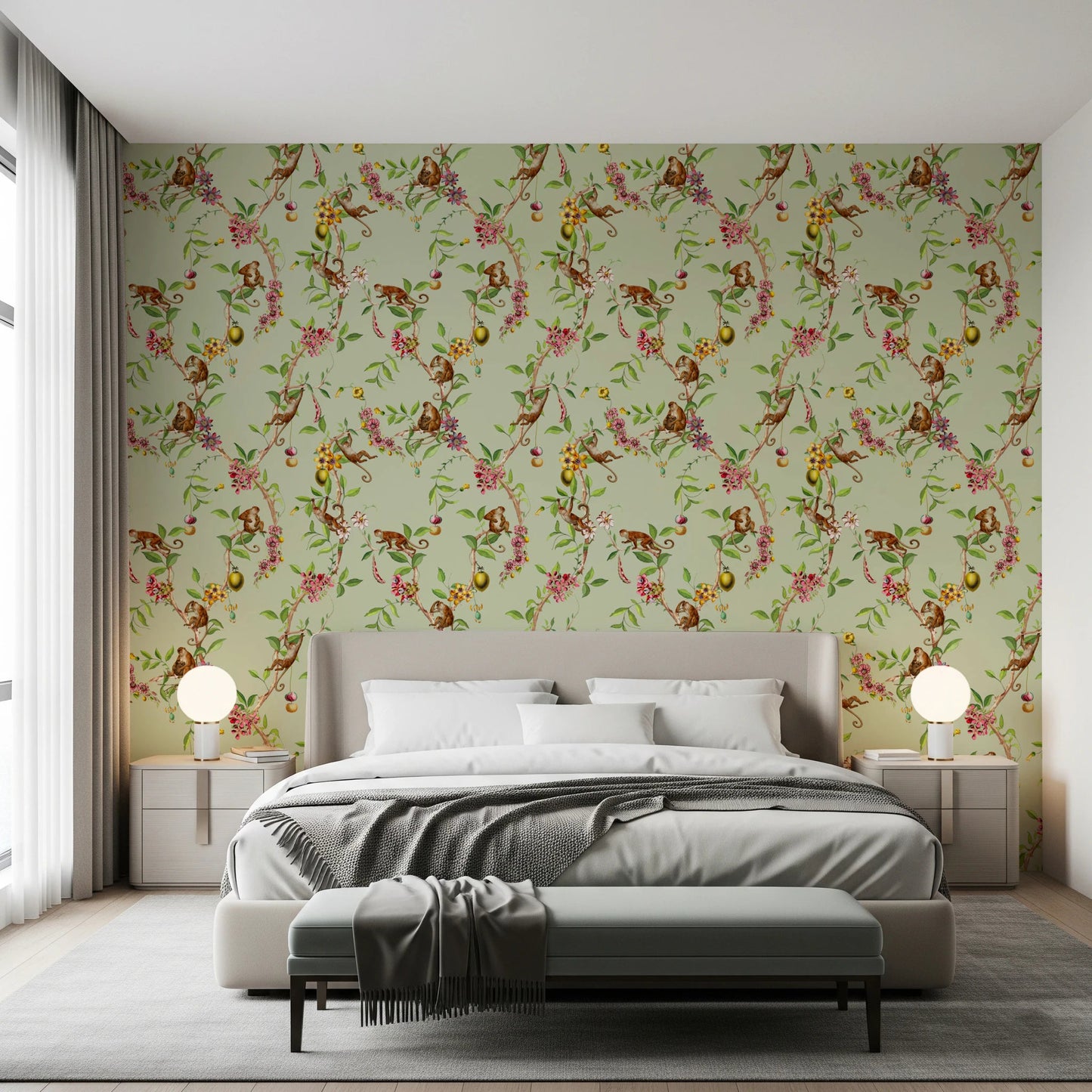 Whimsical Playing Monkeys Family Vintage Exotic Garden green Wallpaper⁠