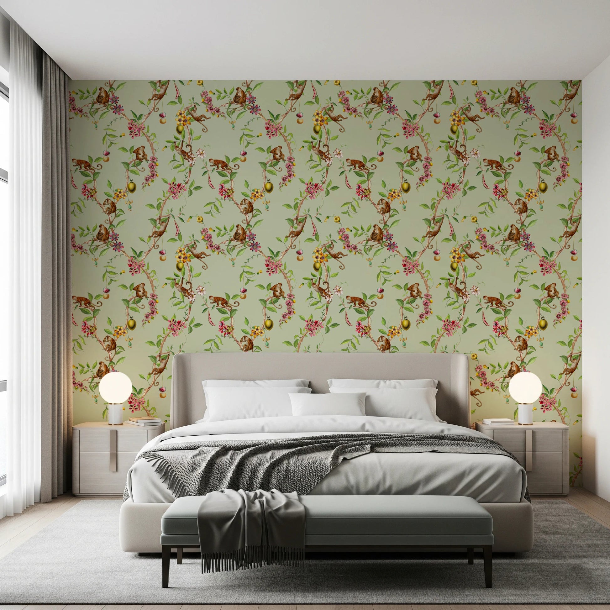 Whimsical Playing Monkeys Family Vintage Exotic Garden green Wallpaper⁠