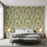 Whimsical Playing Monkeys Family Vintage Exotic Garden green Wallpaper⁠