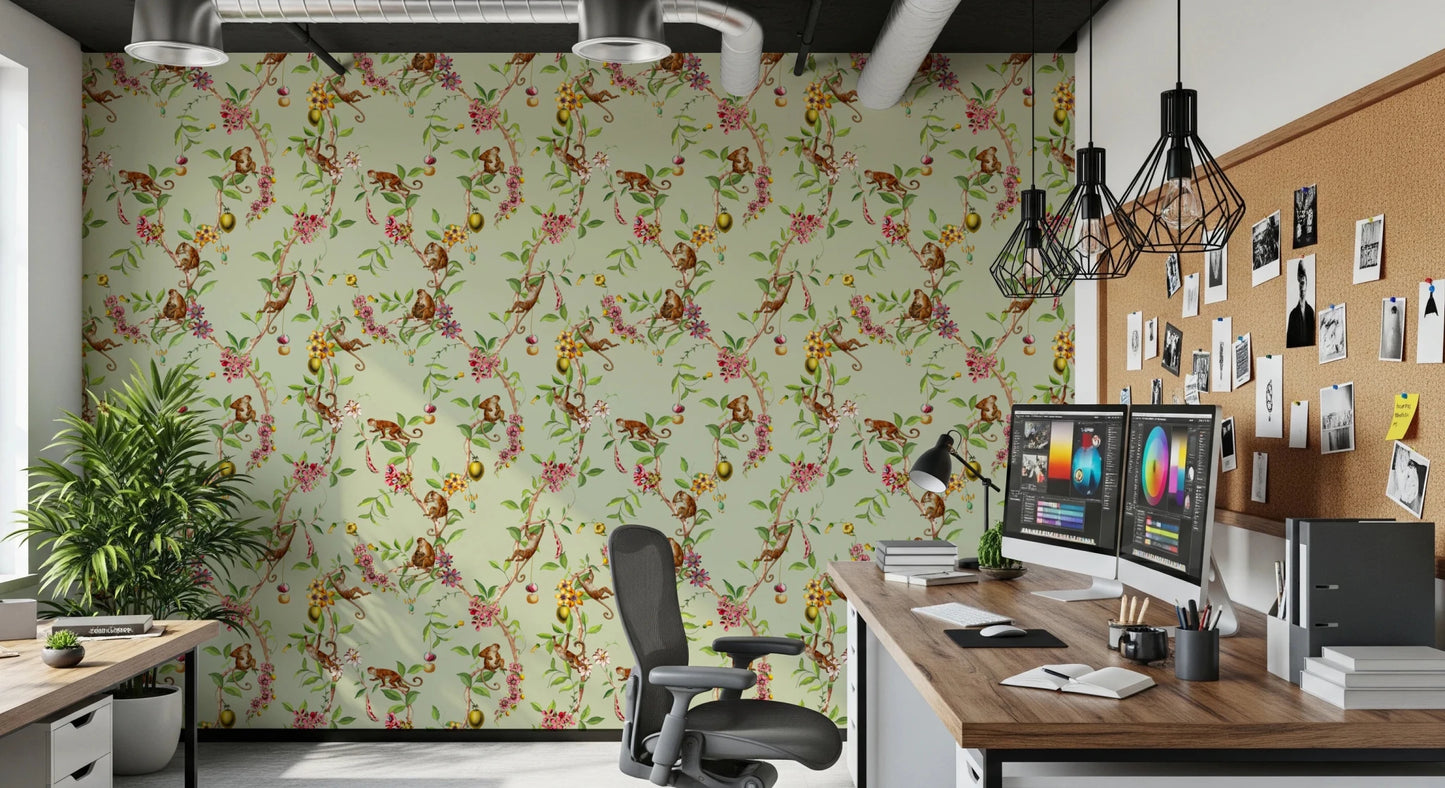 Whimsical Playing Monkeys Family Vintage Exotic Garden green Wallpaper⁠