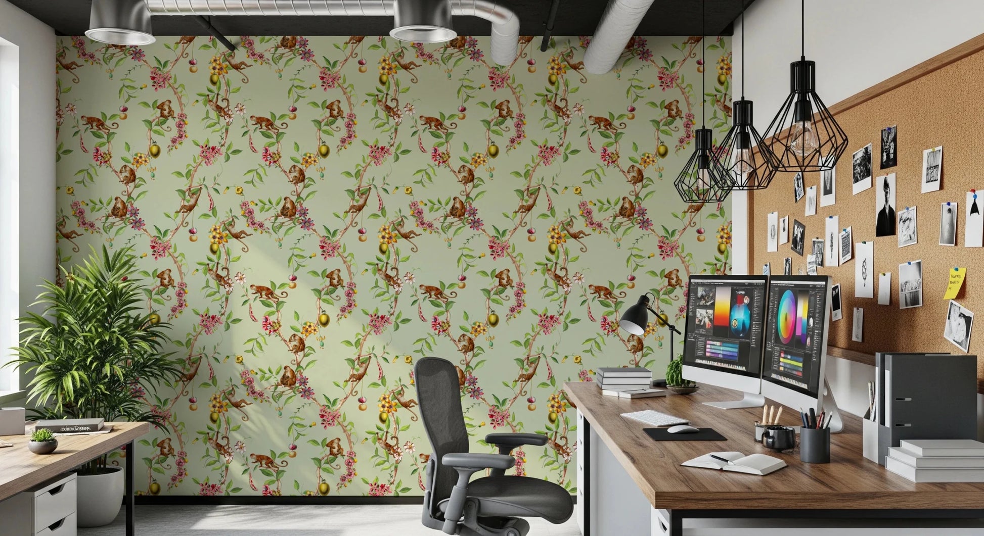 Whimsical Playing Monkeys Family Vintage Exotic Garden green Wallpaper⁠