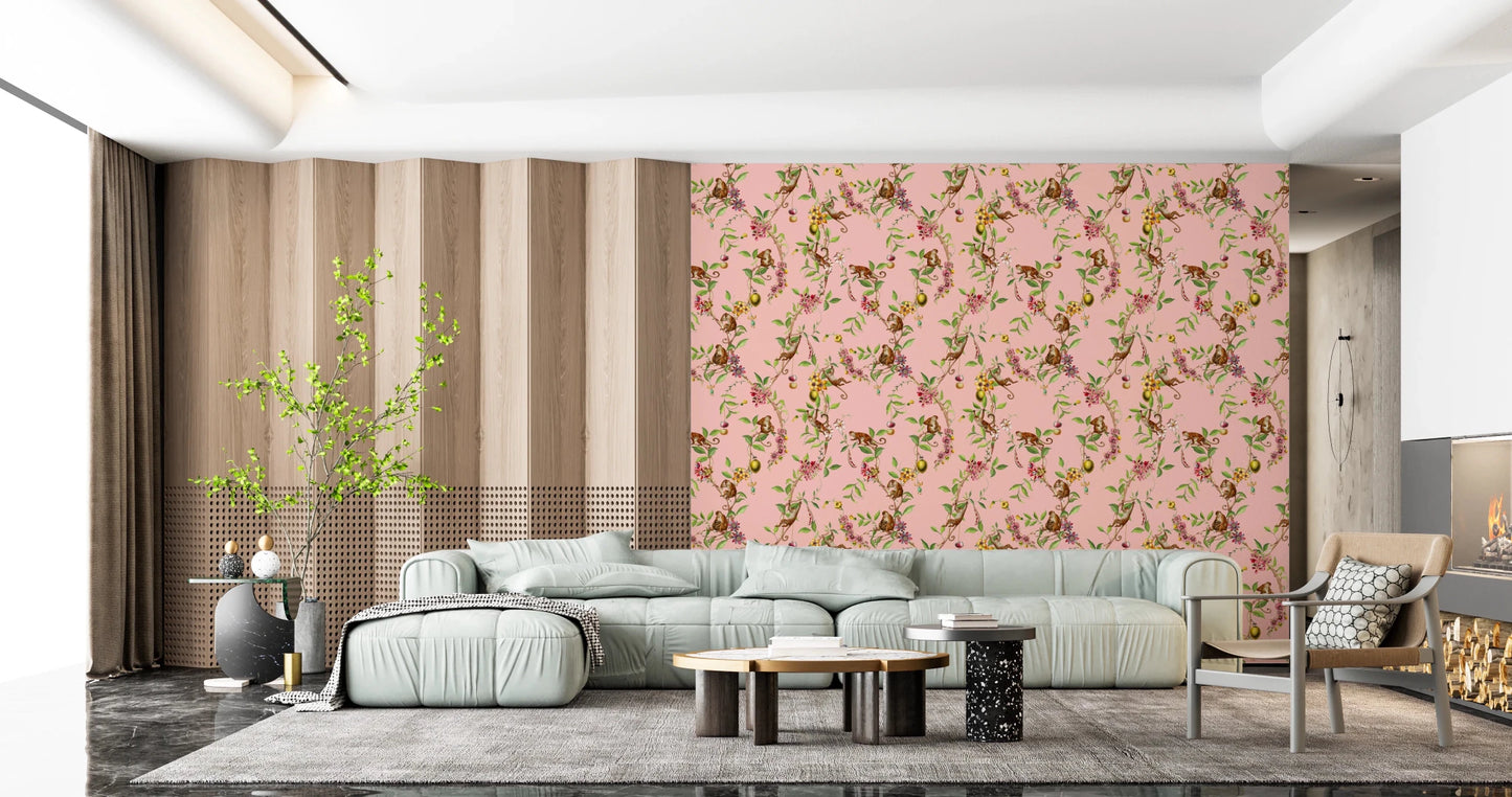 Whimsical Playing Monkeys Family Vintage Exotic Garden pink Wallpaper⁠