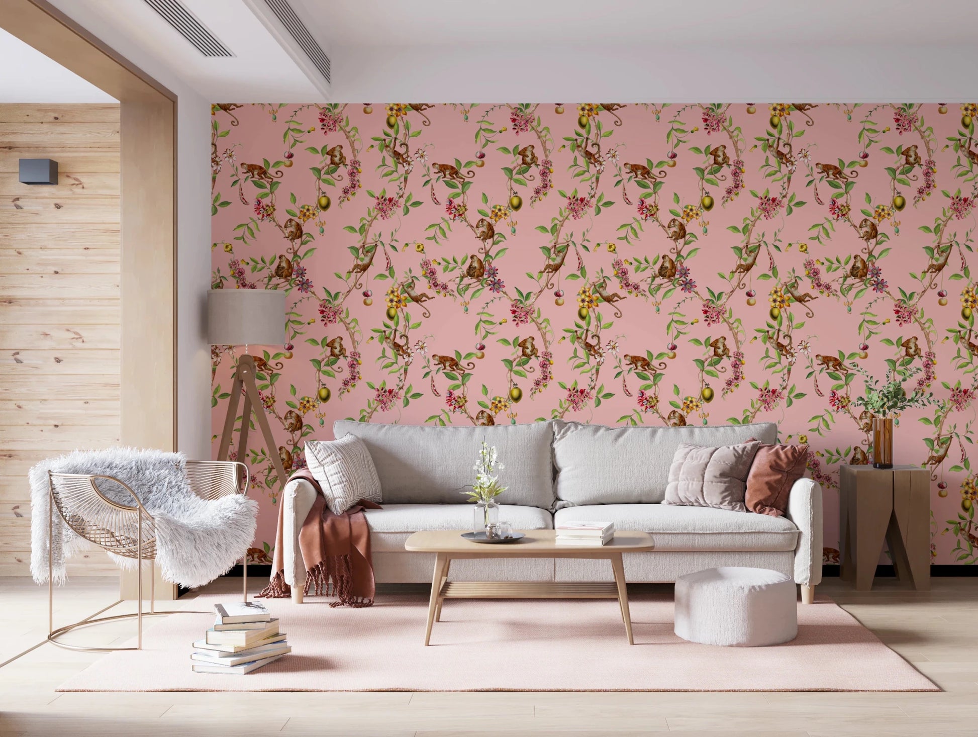 Whimsical Playing Monkeys Family Vintage Exotic Garden pink Wallpaper⁠