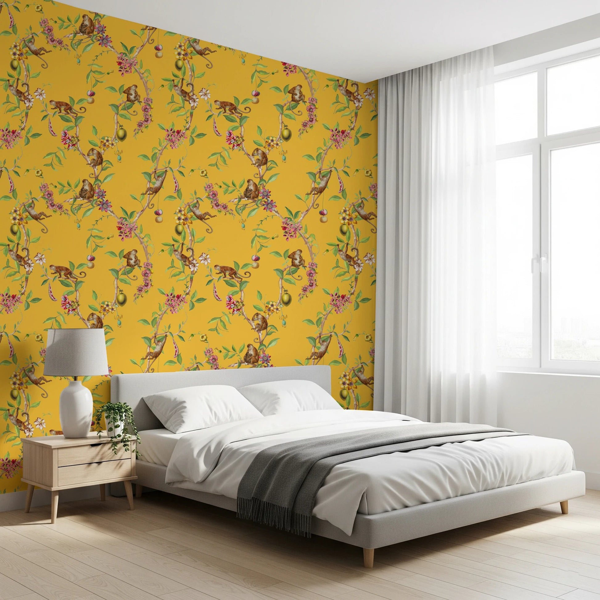 Whimsical Playing Monkeys Family Vintage Exotic Garden yellow Wallpaper⁠