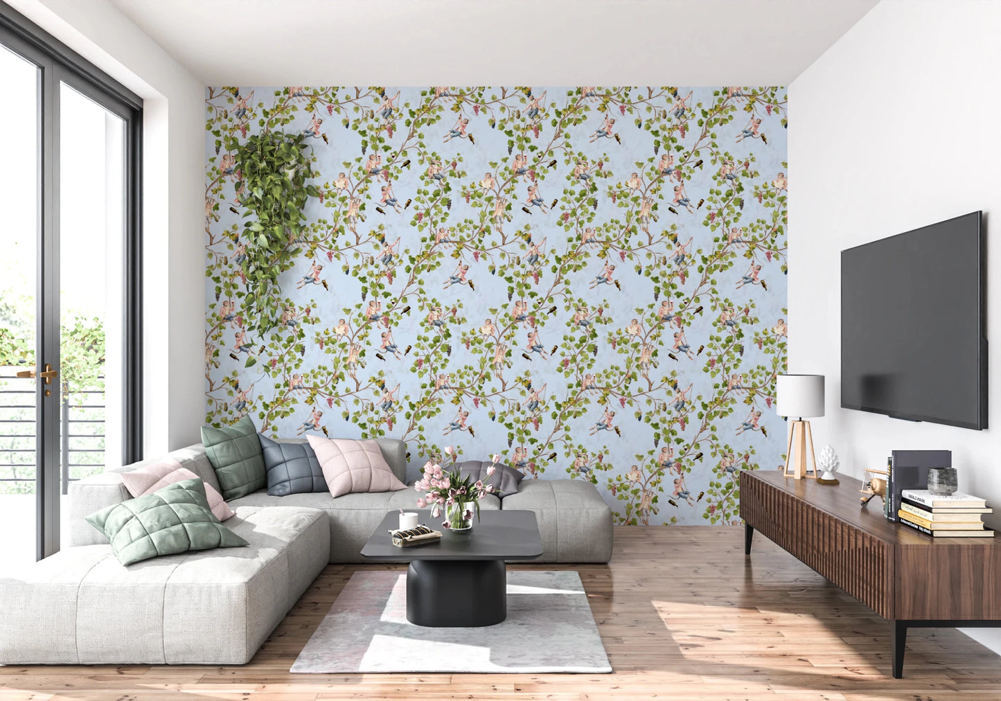 Whimsical Rococo Monkeys Wine Festival Aristocratic Vineyard Vintage Garden blue Wallpaper⁠