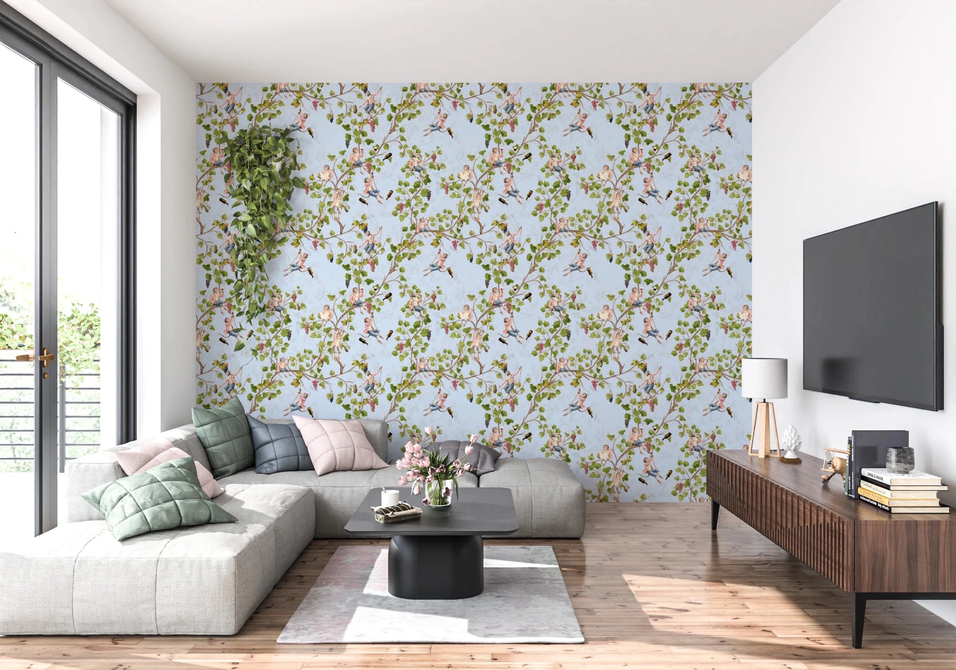 Whimsical Rococo Monkeys Wine Festival Aristocratic Vineyard Vintage Garden blue Wallpaper⁠