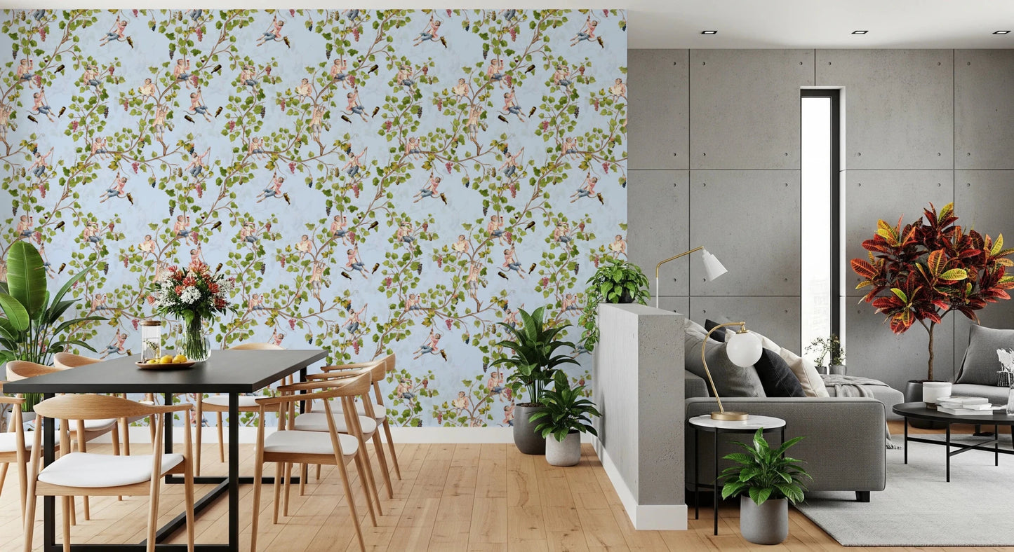 Whimsical Rococo Monkeys Wine Festival Aristocratic Vineyard Vintage Garden blue Wallpaper⁠
