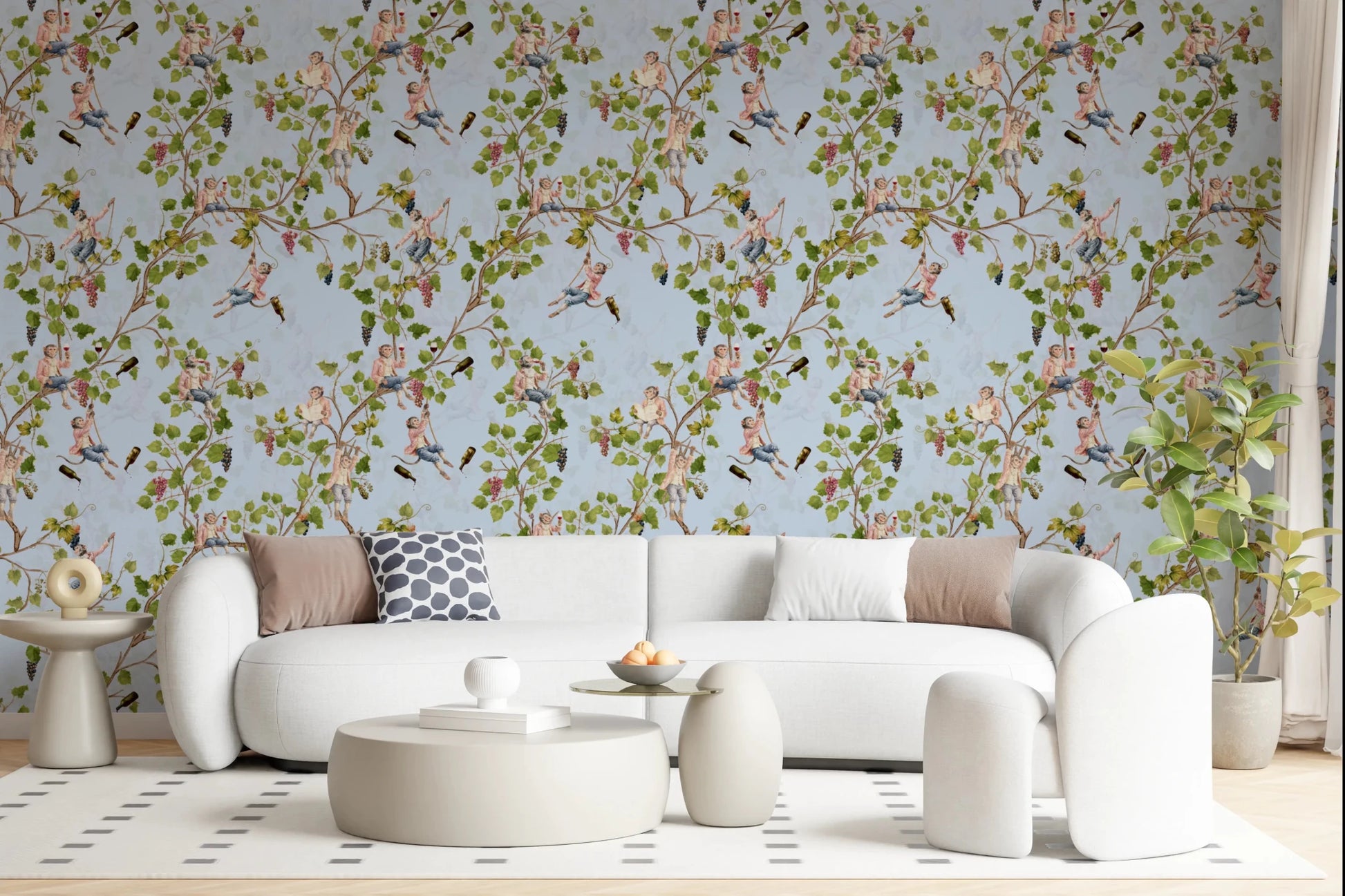 Whimsical Rococo Monkeys Wine Festival Aristocratic Vineyard Vintage Garden blue Wallpaper⁠