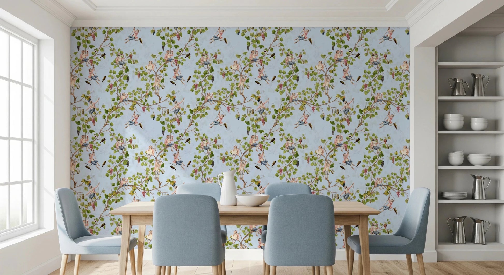 Whimsical Rococo Monkeys Wine Festival Aristocratic Vineyard Vintage Garden blue Wallpaper⁠