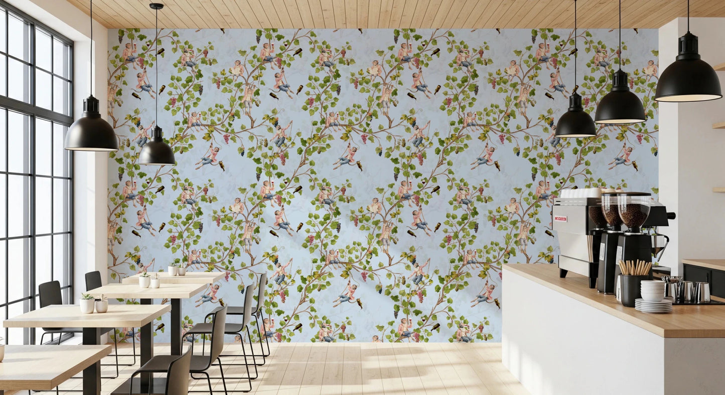 Whimsical Rococo Monkeys Wine Festival Aristocratic Vineyard Vintage Garden blue Wallpaper⁠