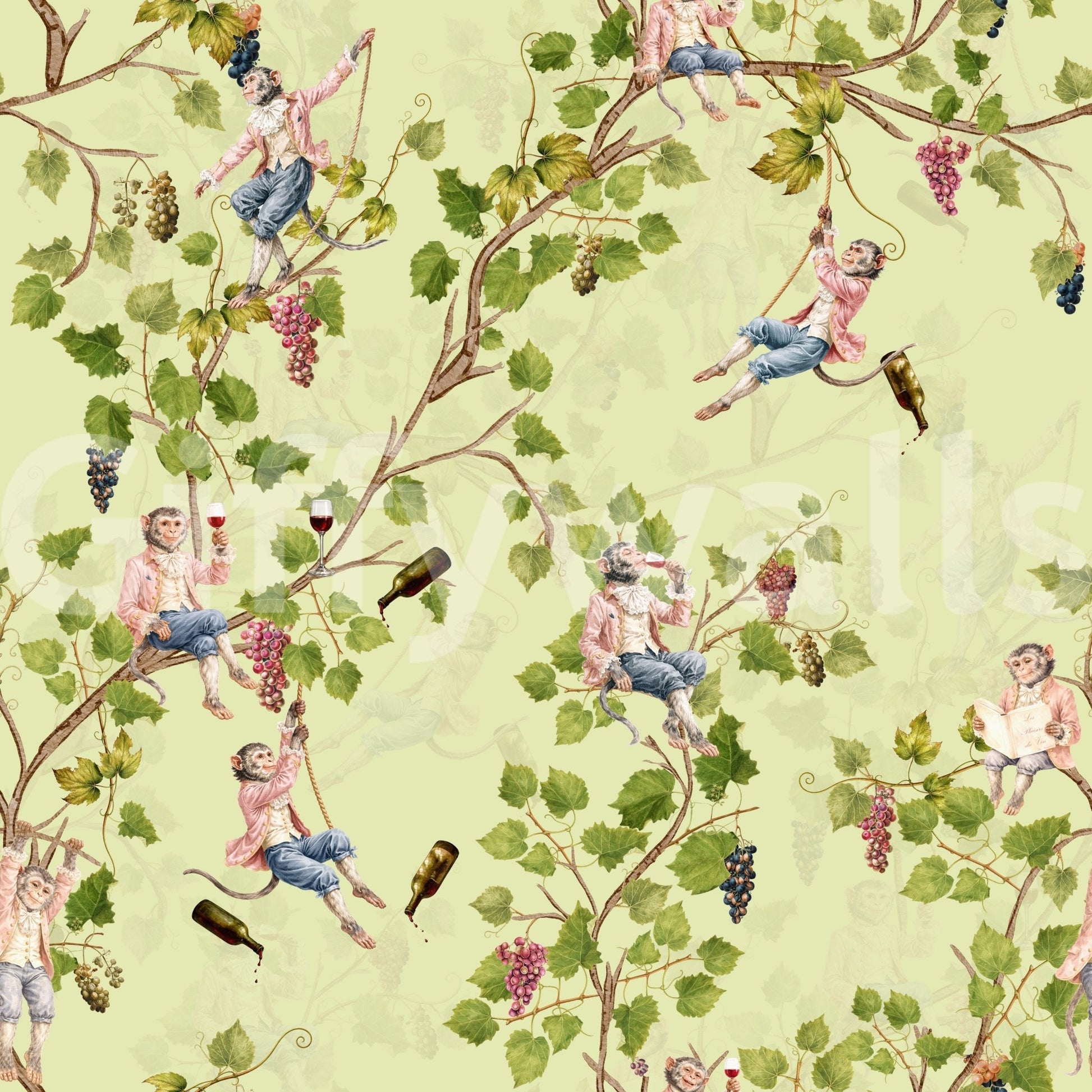 Whimsical Rococo Monkeys Wine Festival Aristocratic Vineyard Vintage Garden green Wallpaper⁠