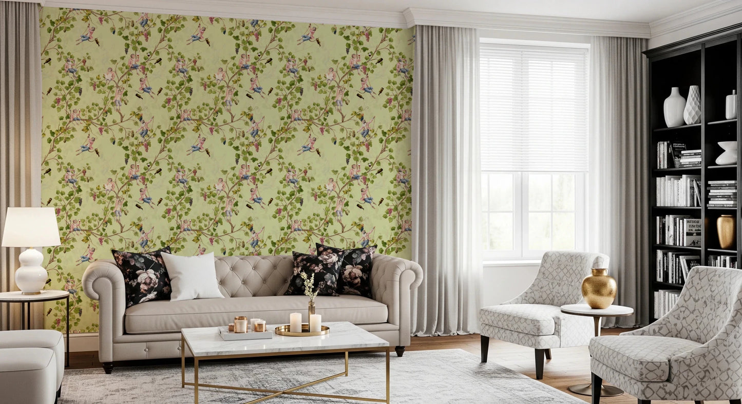 Whimsical Rococo Monkeys Wine Festival Aristocratic Vineyard Vintage Garden green Wallpaper⁠
