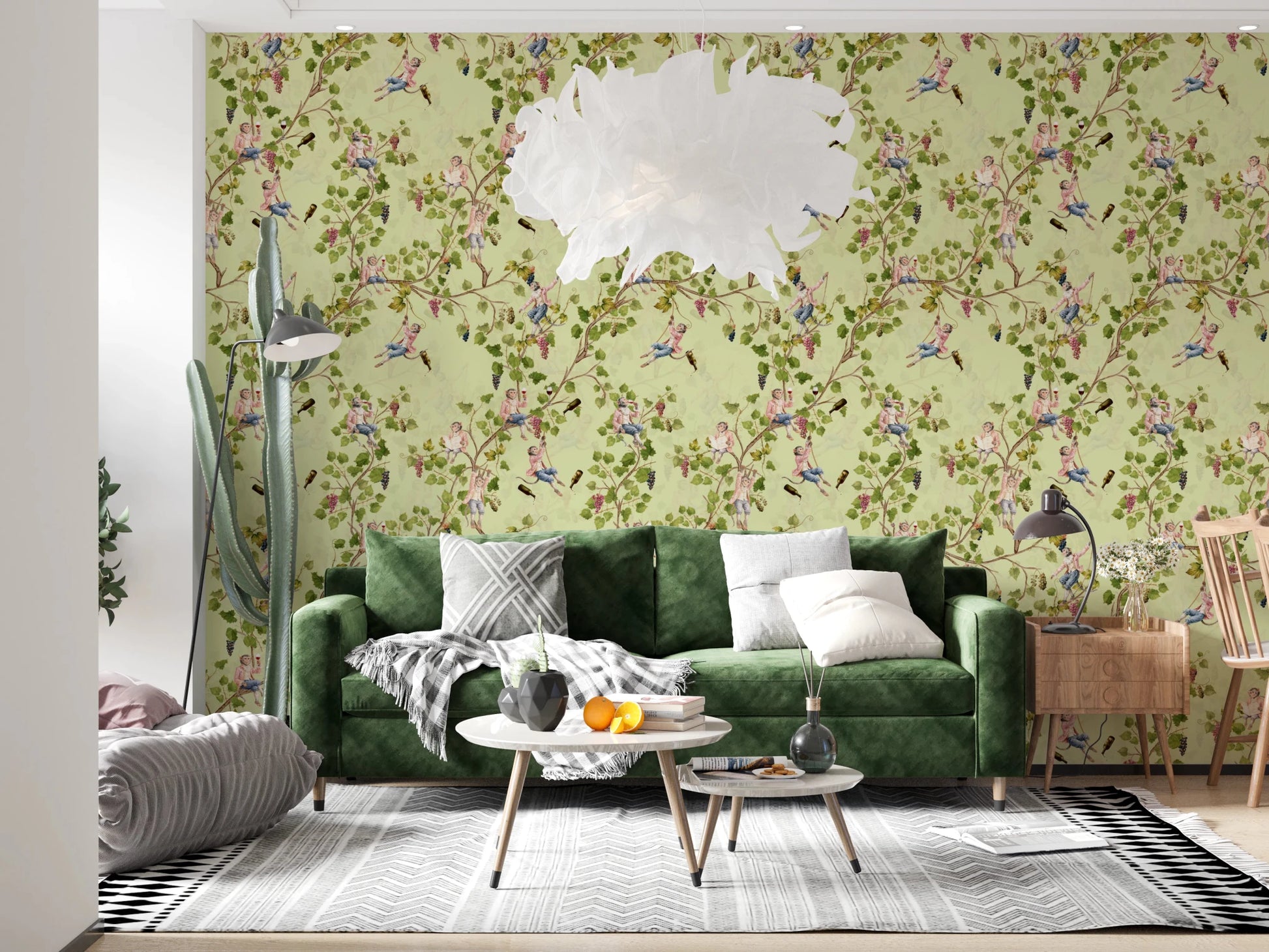 Whimsical Rococo Monkeys Wine Festival Aristocratic Vineyard Vintage Garden green Wallpaper⁠