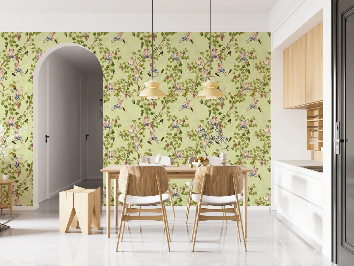 Whimsical Rococo Monkeys Wine Festival Aristocratic Vineyard Vintage Garden green Wallpaper⁠