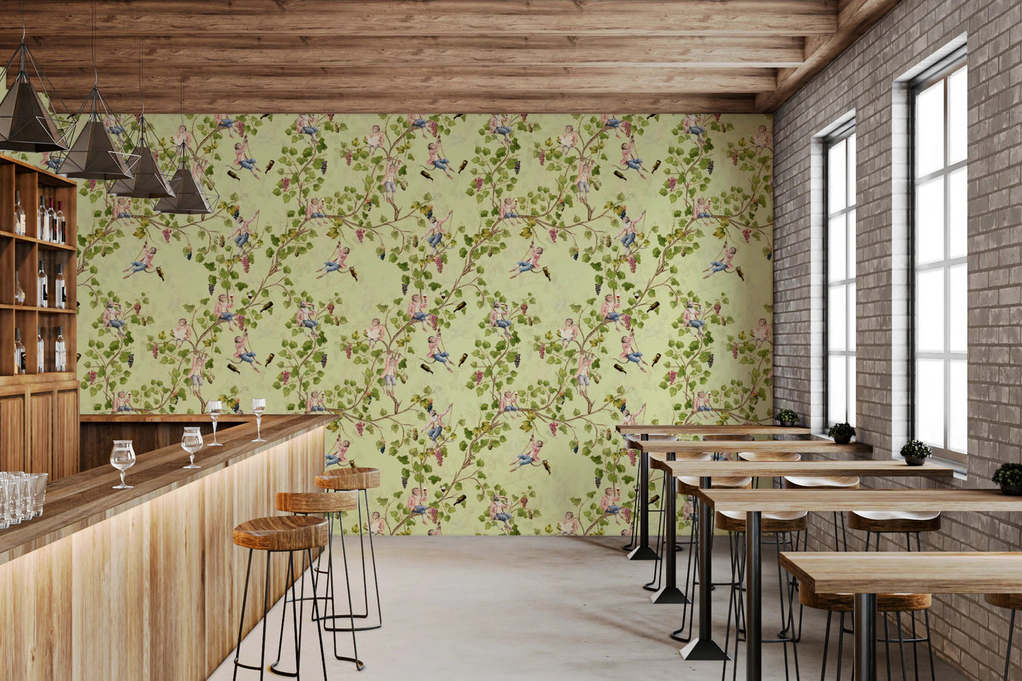 Whimsical Rococo Monkeys Wine Festival Aristocratic Vineyard Vintage Garden green Wallpaper⁠