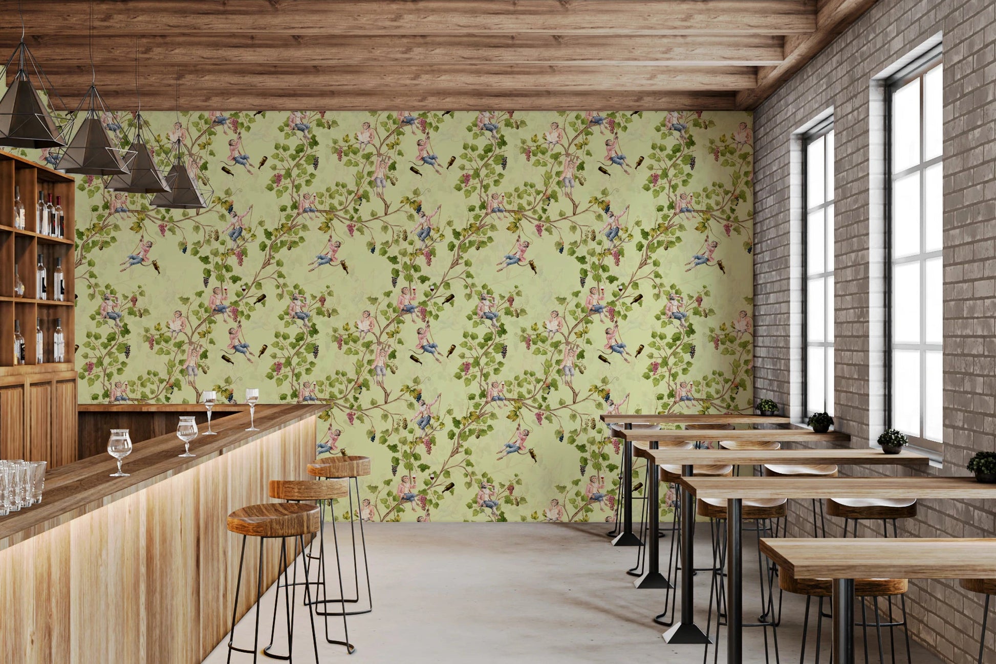 Whimsical Rococo Monkeys Wine Festival Aristocratic Vineyard Vintage Garden green Wallpaper⁠