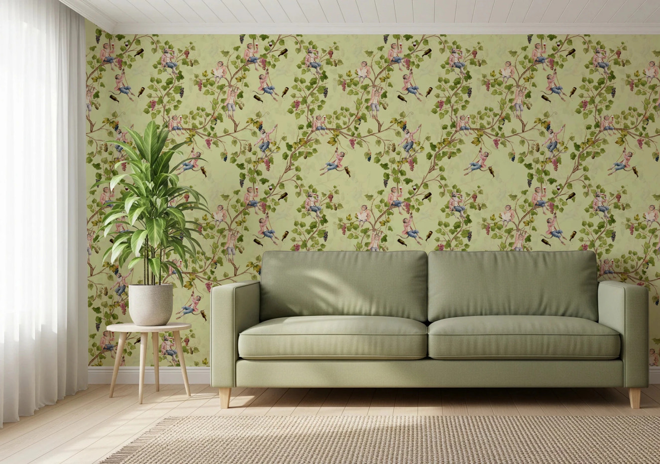 Whimsical Rococo Monkeys Wine Festival Aristocratic Vineyard Vintage Garden green Wallpaper⁠