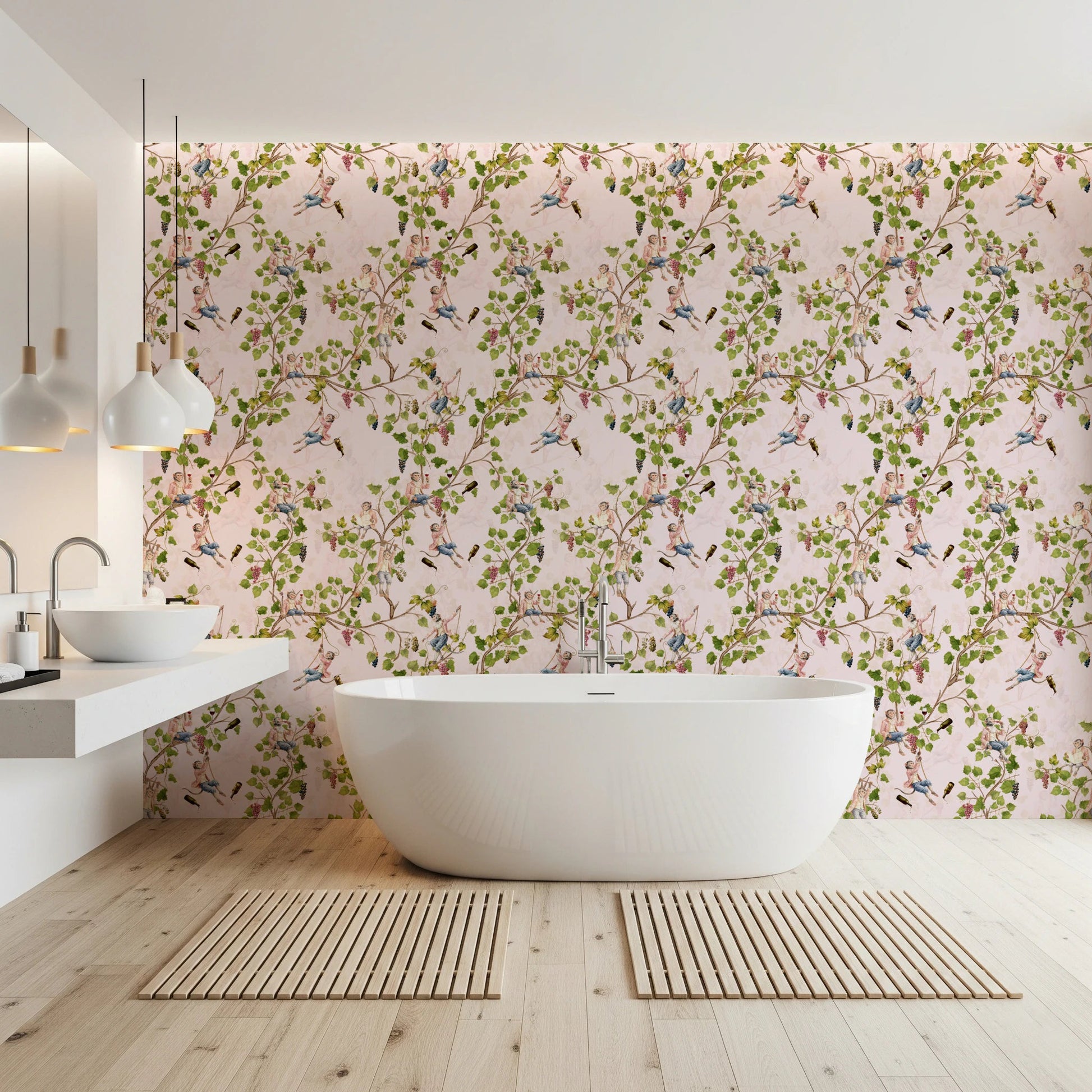 Whimsical Rococo Monkeys Wine Festival Aristocratic Vineyard Vintage Garden pink Wallpaper⁠