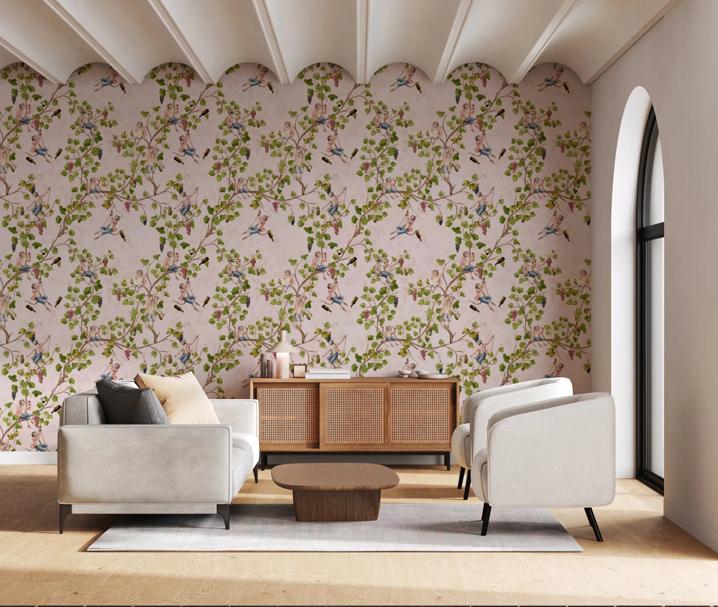 Whimsical Rococo Monkeys Wine Festival Aristocratic Vineyard Vintage Garden pink Wallpaper⁠