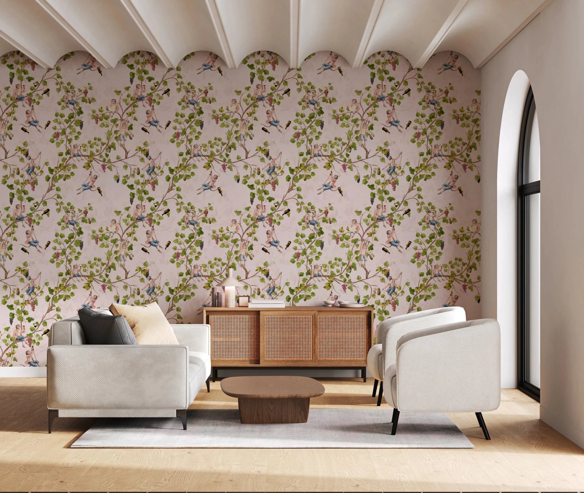 Whimsical Rococo Monkeys Wine Festival Aristocratic Vineyard Vintage Garden pink Wallpaper⁠