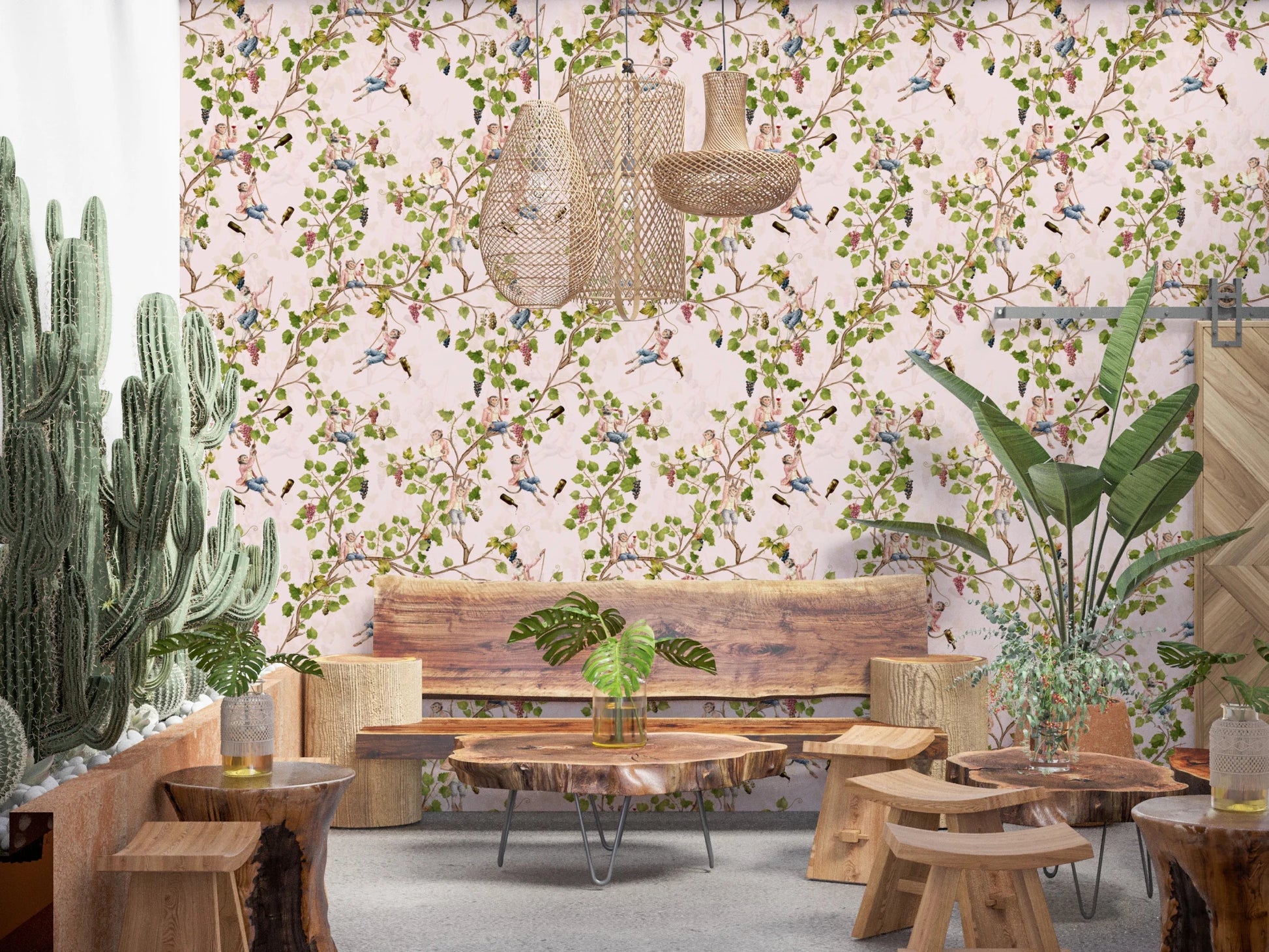 Whimsical Rococo Monkeys Wine Festival Aristocratic Vineyard Vintage Garden pink Wallpaper⁠
