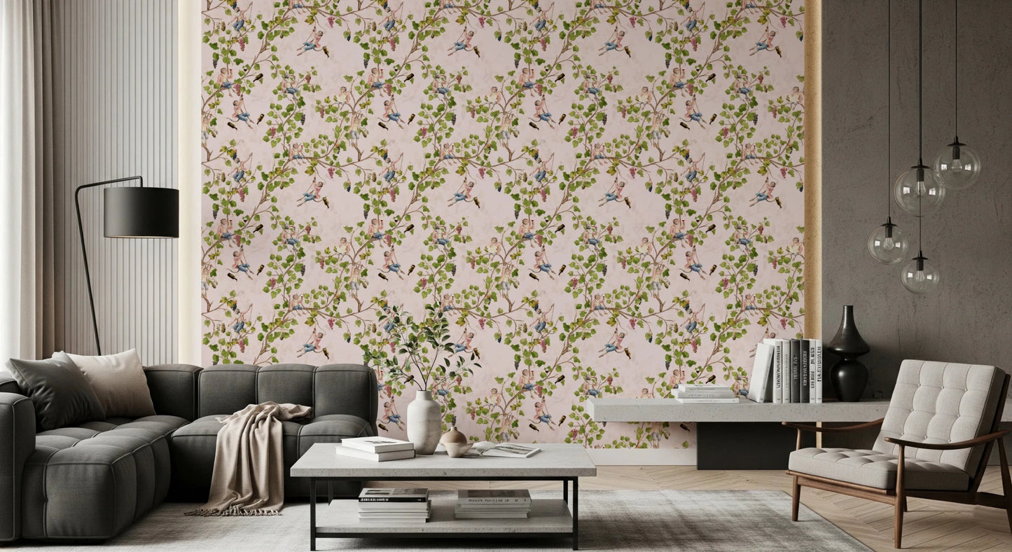 Whimsical Rococo Monkeys Wine Festival Aristocratic Vineyard Vintage Garden pink Wallpaper⁠
