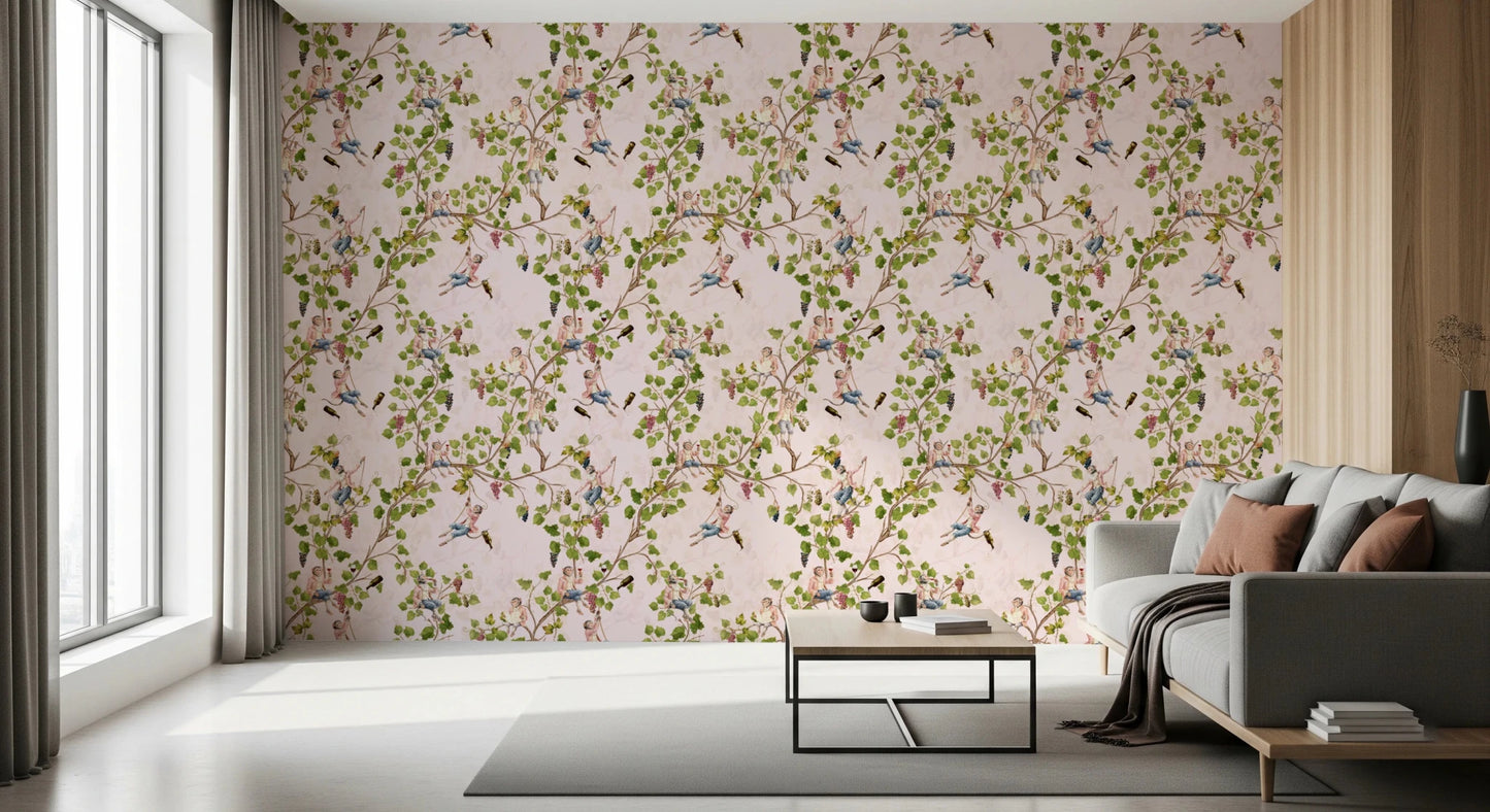 Whimsical Rococo Monkeys Wine Festival Aristocratic Vineyard Vintage Garden pink Wallpaper⁠