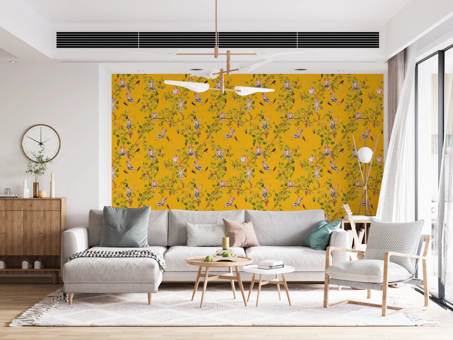 Whimsical Rococo Monkeys Wine Festival Aristocratic Vineyard Vintage Garden yellow Wallpaper⁠