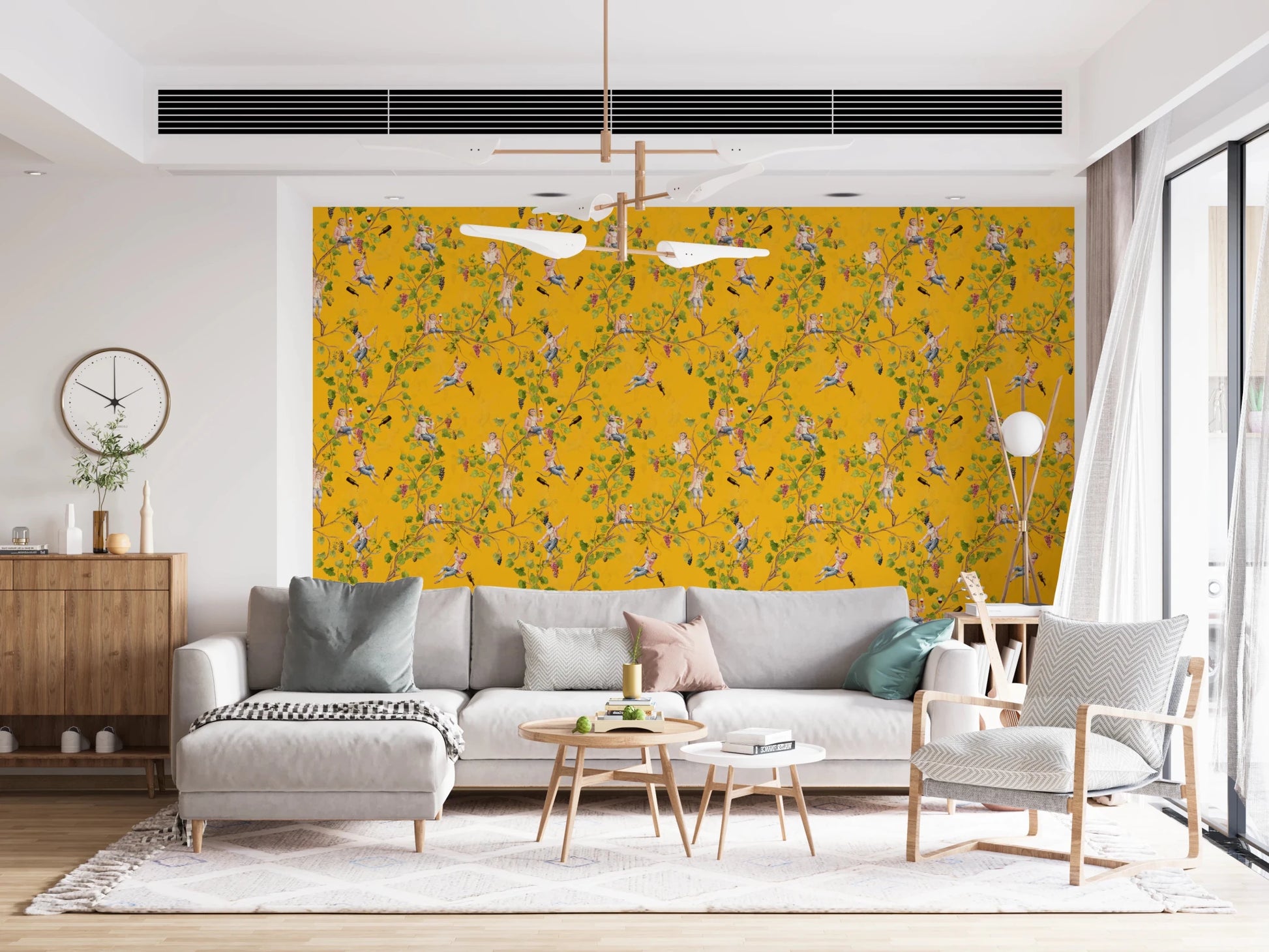 Whimsical Rococo Monkeys Wine Festival Aristocratic Vineyard Vintage Garden yellow Wallpaper⁠