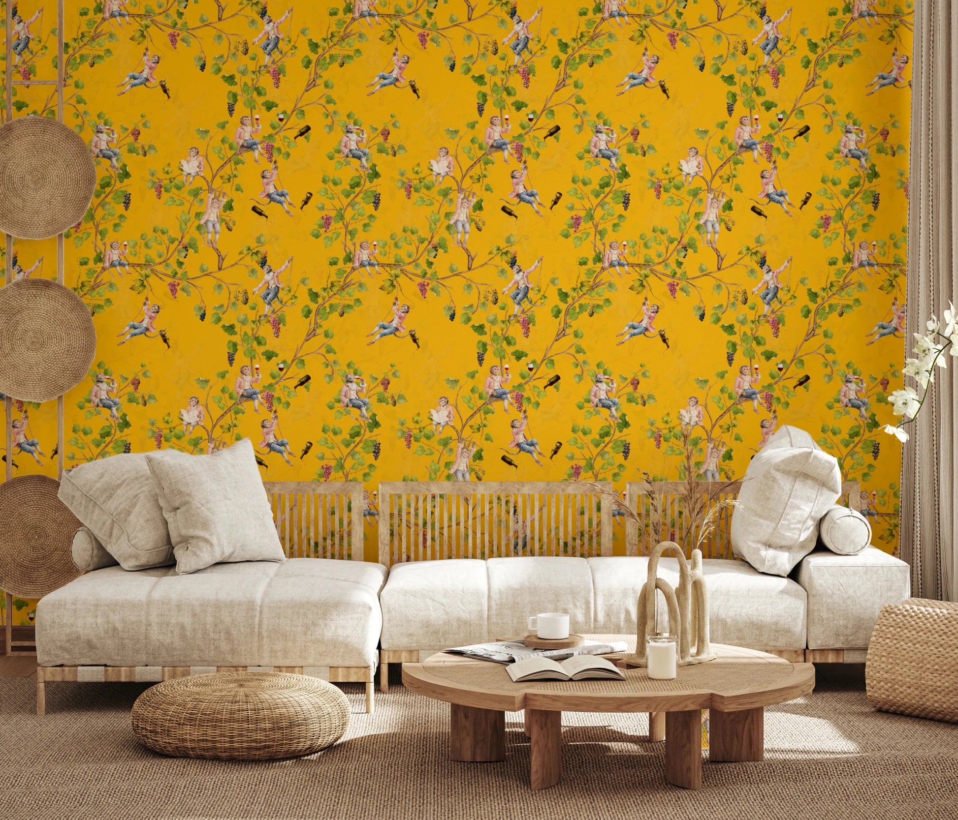 Whimsical Rococo Monkeys Wine Festival Aristocratic Vineyard Vintage Garden yellow Wallpaper⁠